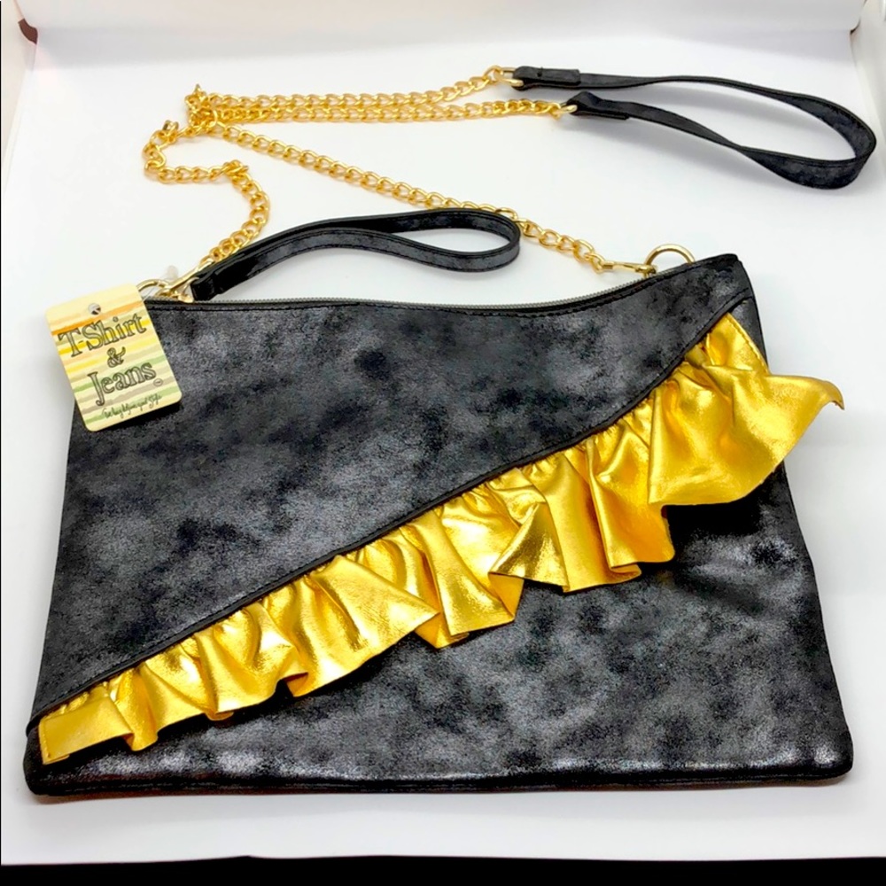 T-SHIRT & JEANS SHIMMER BLACK & GOLD LARGE HANDBAG